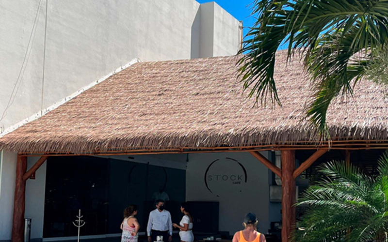 entrada principal hotel riviera maya con palapa sintetica modelo caribe